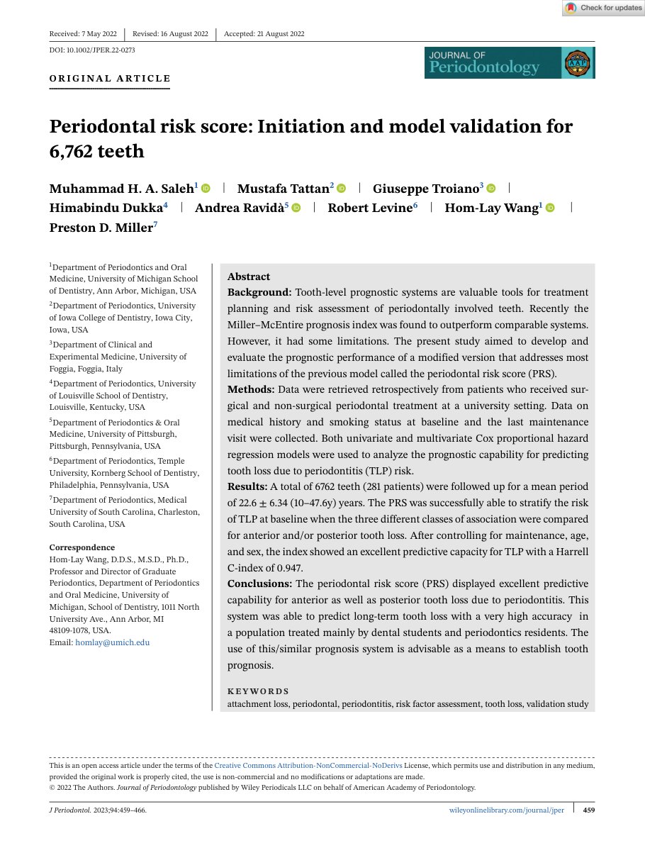 First page of Saleh et al., Periodontal risk score: Initiation and model validation for 6,762 teeth, Journal of Periodontology 2023